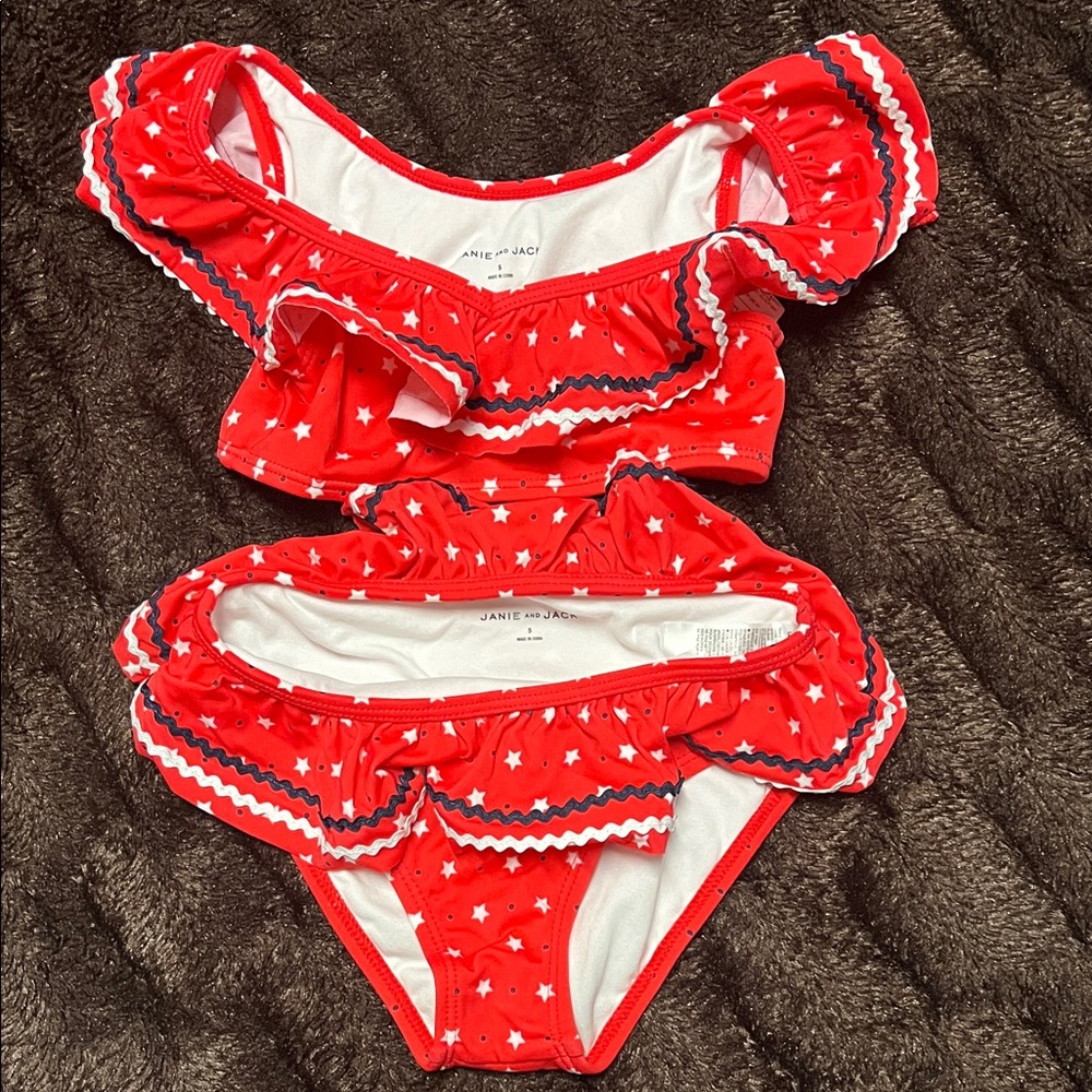 Janie and Jack Red Starry Ruffle Swimsuit